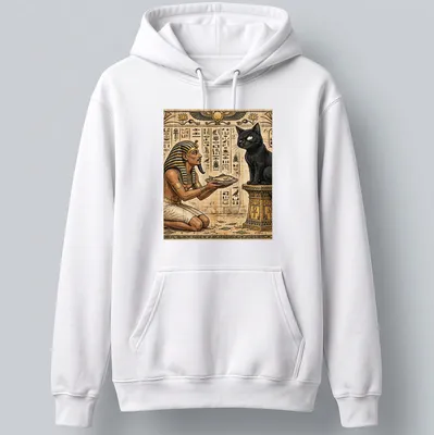 Detailed illustration of a cat and pharaoh, with text saying 'Not Impressed' — printed on a unisex hoodie