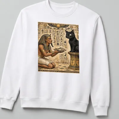 Detailed illustration of a cat and pharaoh, with text saying 'Not Impressed' — printed on a unisex sweatshirt
