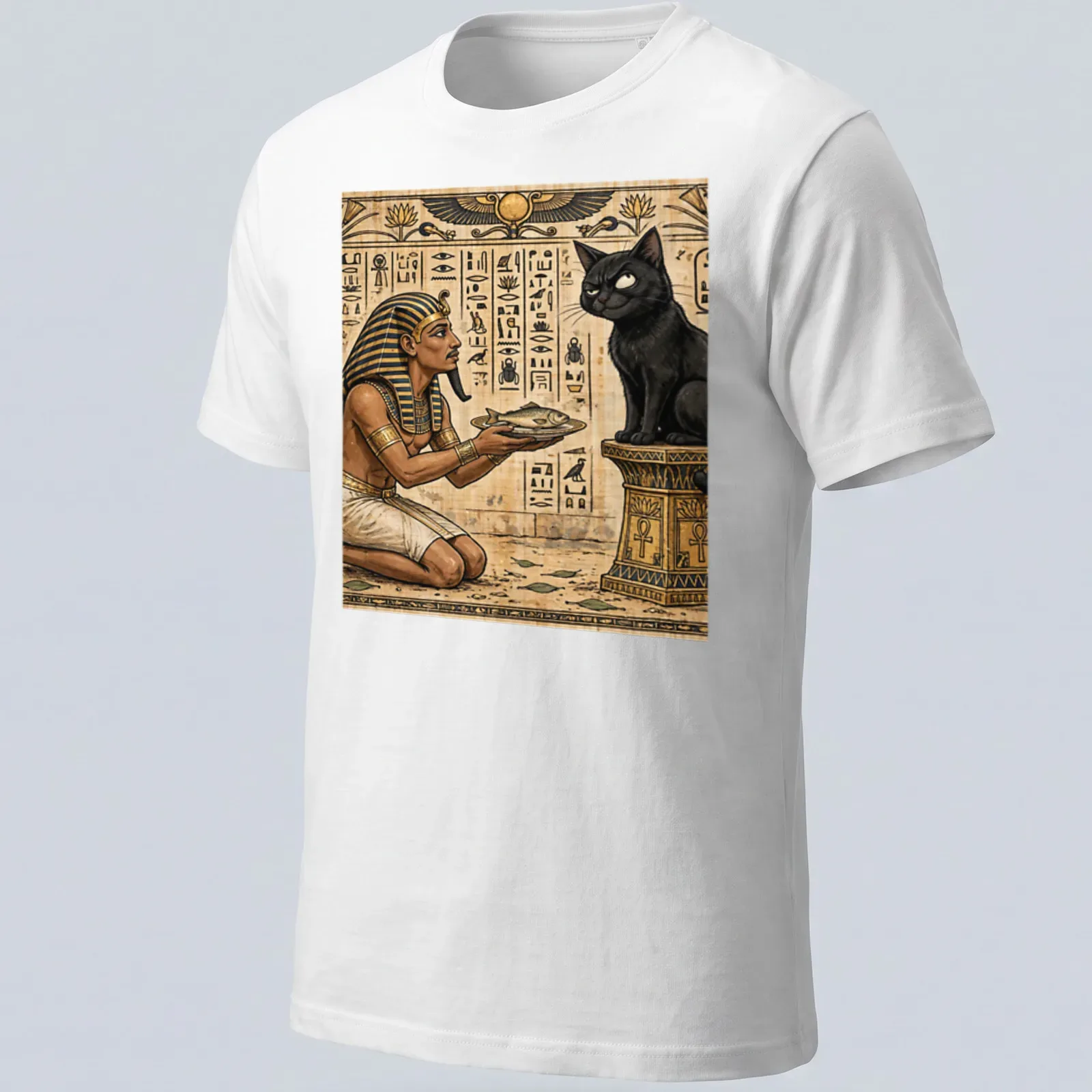 Detailed illustration of a cat and pharaoh, with text saying 'Not Impressed' — printed on a unisex t-shirt