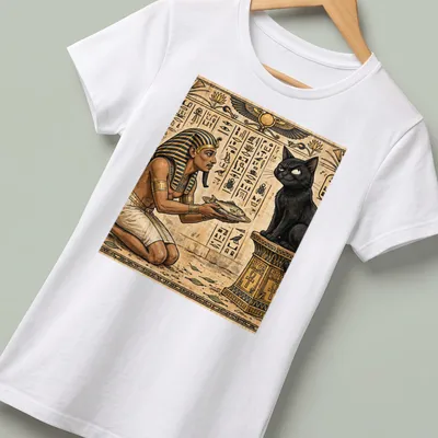 Detailed illustration of a cat and pharaoh, with text saying 'Not Impressed' — printed on a women's shirt