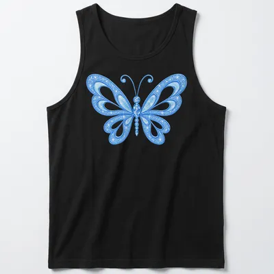 Detailed illustration of a blue butterfly on a light background — printed on a tank top