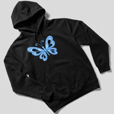 Detailed illustration of a blue butterfly on a light background — printed on a unisex hoodie
