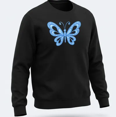 Detailed illustration of a blue butterfly on a light background — printed on a unisex sweatshirt