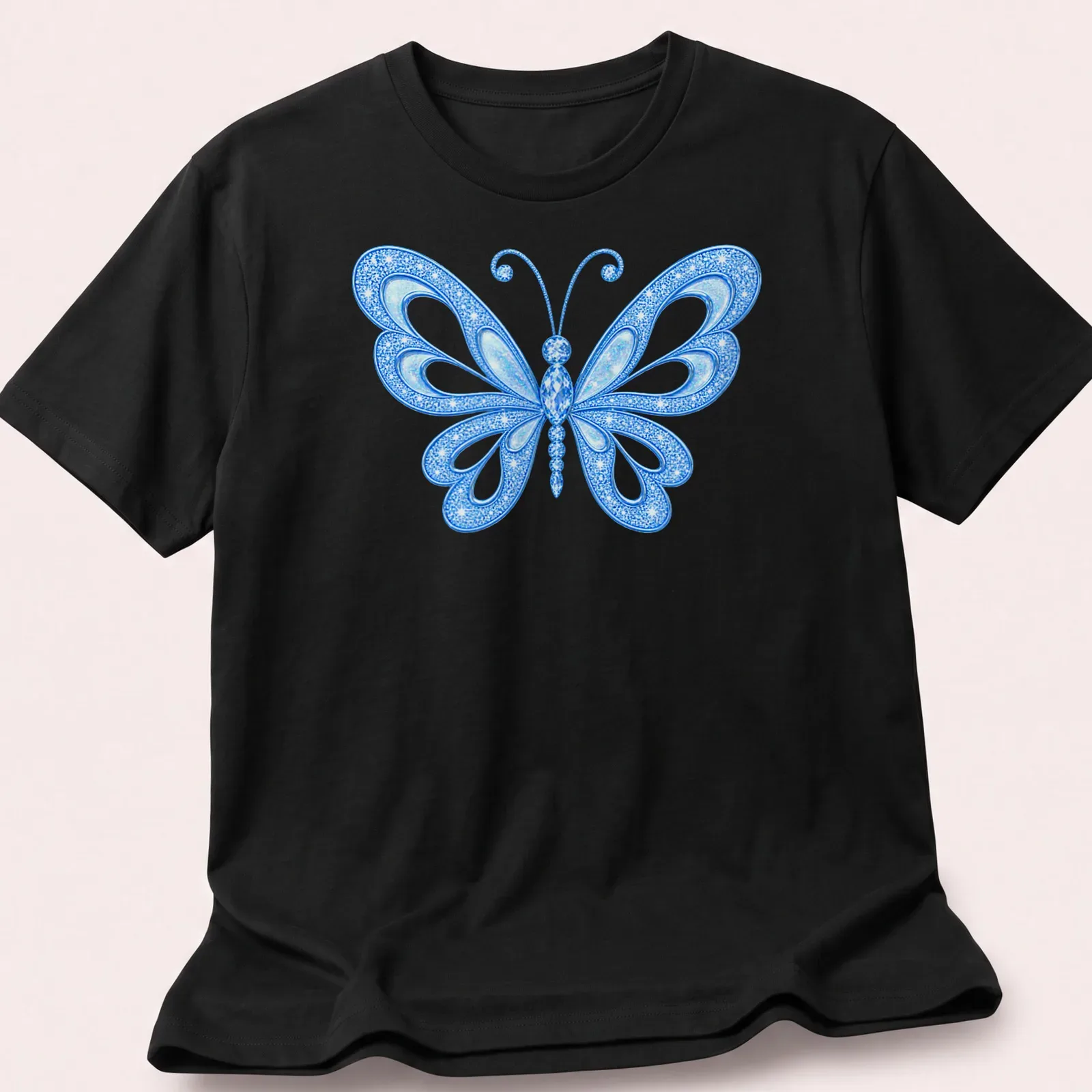 Detailed illustration of a blue butterfly on a light background — printed on a unisex t-shirt