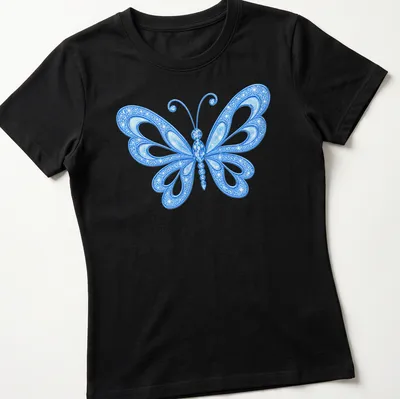 Detailed illustration of a blue butterfly on a light background — printed on a women's shirt