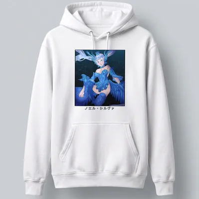 Anime-style T-shirt featuring the character ノエル・シルヴァ with blue and white designs. — printed on a unisex hoodie