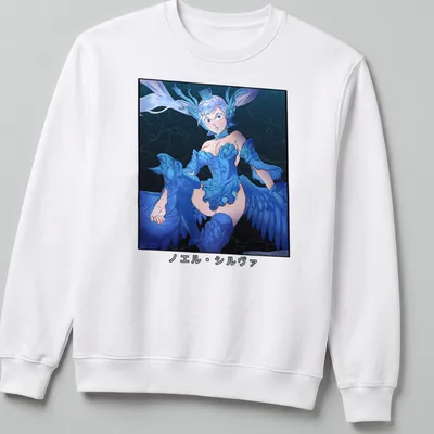 Anime-style T-shirt featuring the character ノエル・シルヴァ with blue and white designs. — printed on a unisex sweatshirt