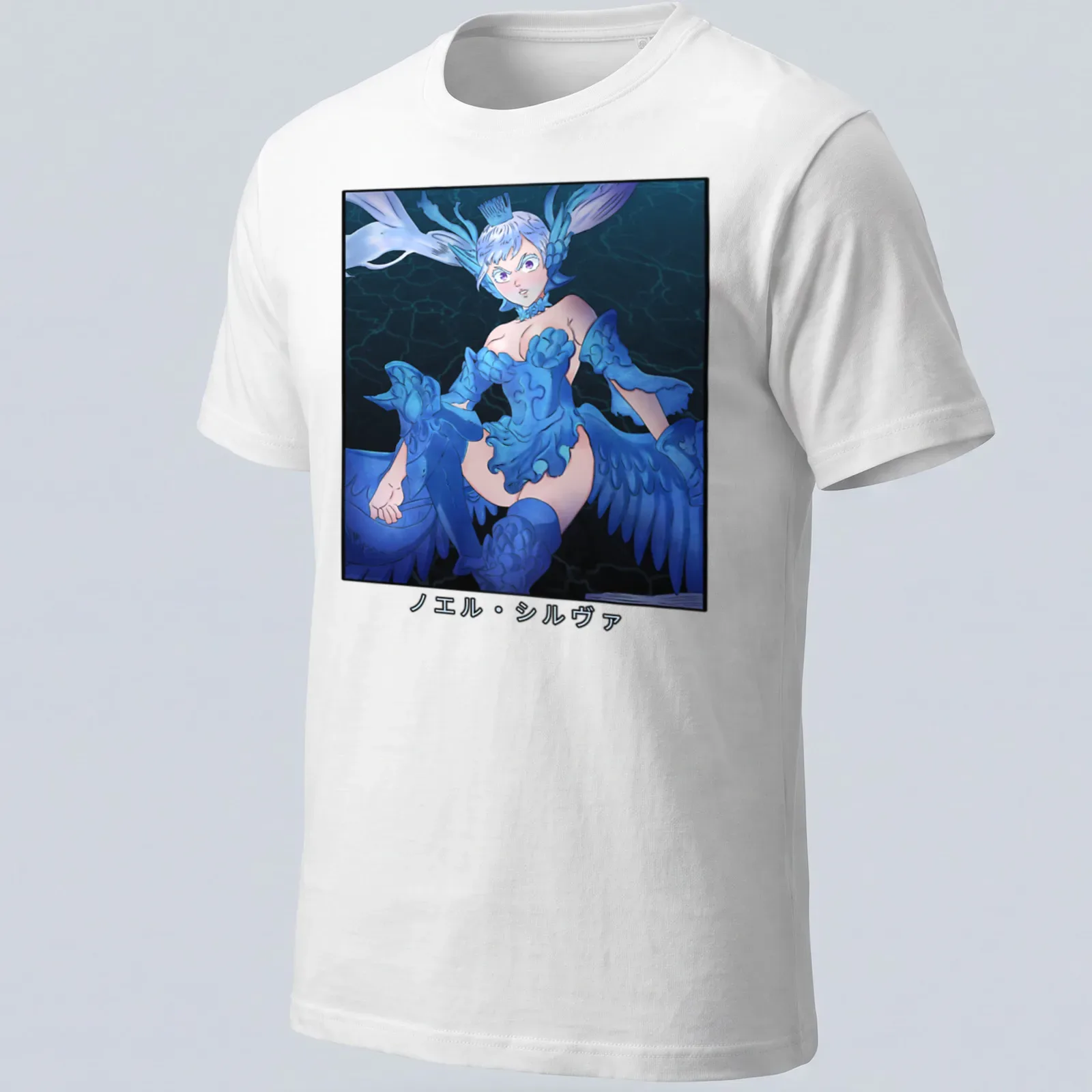 Anime-style T-shirt featuring the character ノエル・シルヴァ with blue and white designs. — printed on a unisex t-shirt