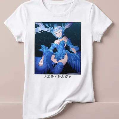 Anime-style T-shirt featuring the character ノエル・シルヴァ with blue and white designs. — printed on a women's shirt