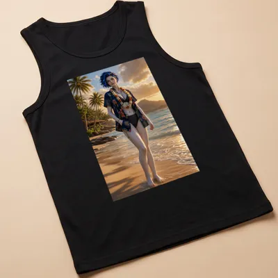 Realistic print of a blue-haired woman in a floral aloha — printed on a tank top