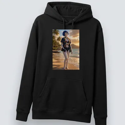 Realistic print of a blue-haired woman in a floral aloha — printed on a unisex hoodie