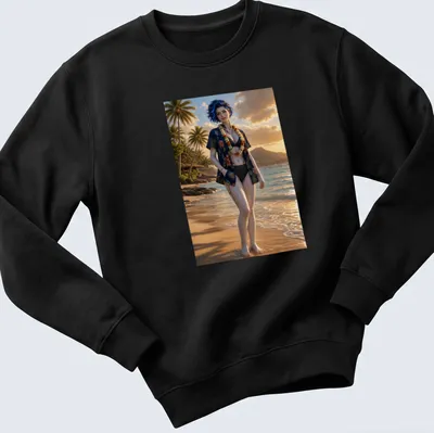 Realistic print of a blue-haired woman in a floral aloha — printed on a unisex sweatshirt