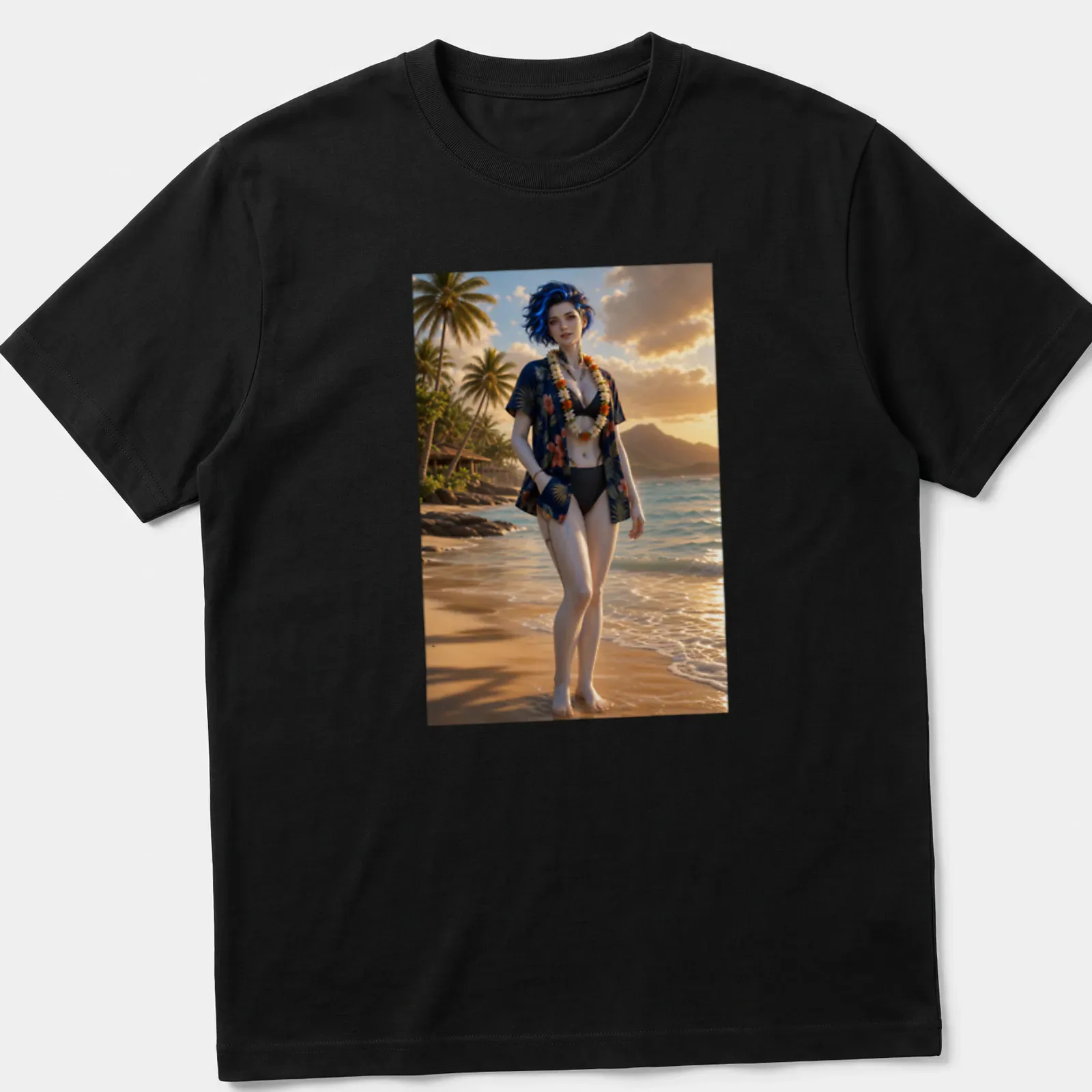 Realistic print of a blue-haired woman in a floral aloha — printed on a unisex t-shirt