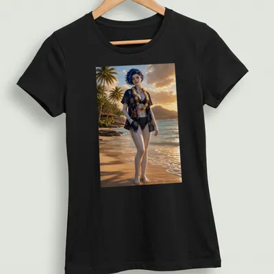 Realistic print of a blue-haired woman in a floral aloha — printed on a women's shirt