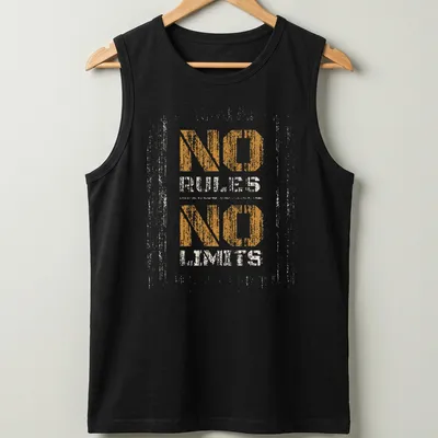 Distressed print featuring the phrase NO RULES NO LIMITS in orange and cream — printed on a tank top
