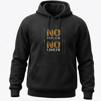 Distressed print featuring the phrase NO RULES NO LIMITS in orange and cream — printed on a unisex hoodie