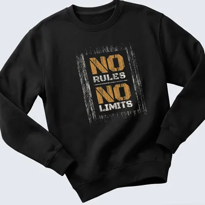 Distressed print featuring the phrase NO RULES NO LIMITS in orange and cream — printed on a unisex sweatshirt