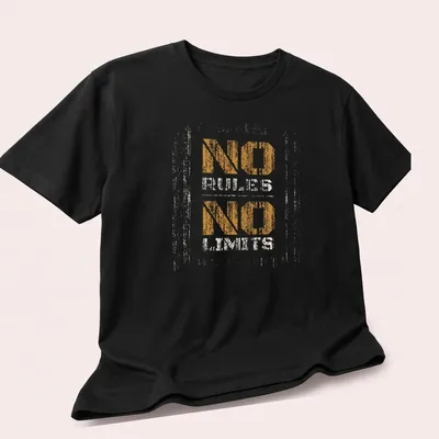 Distressed print featuring the phrase NO RULES NO LIMITS in orange and cream — printed on a unisex t-shirt (angled view)