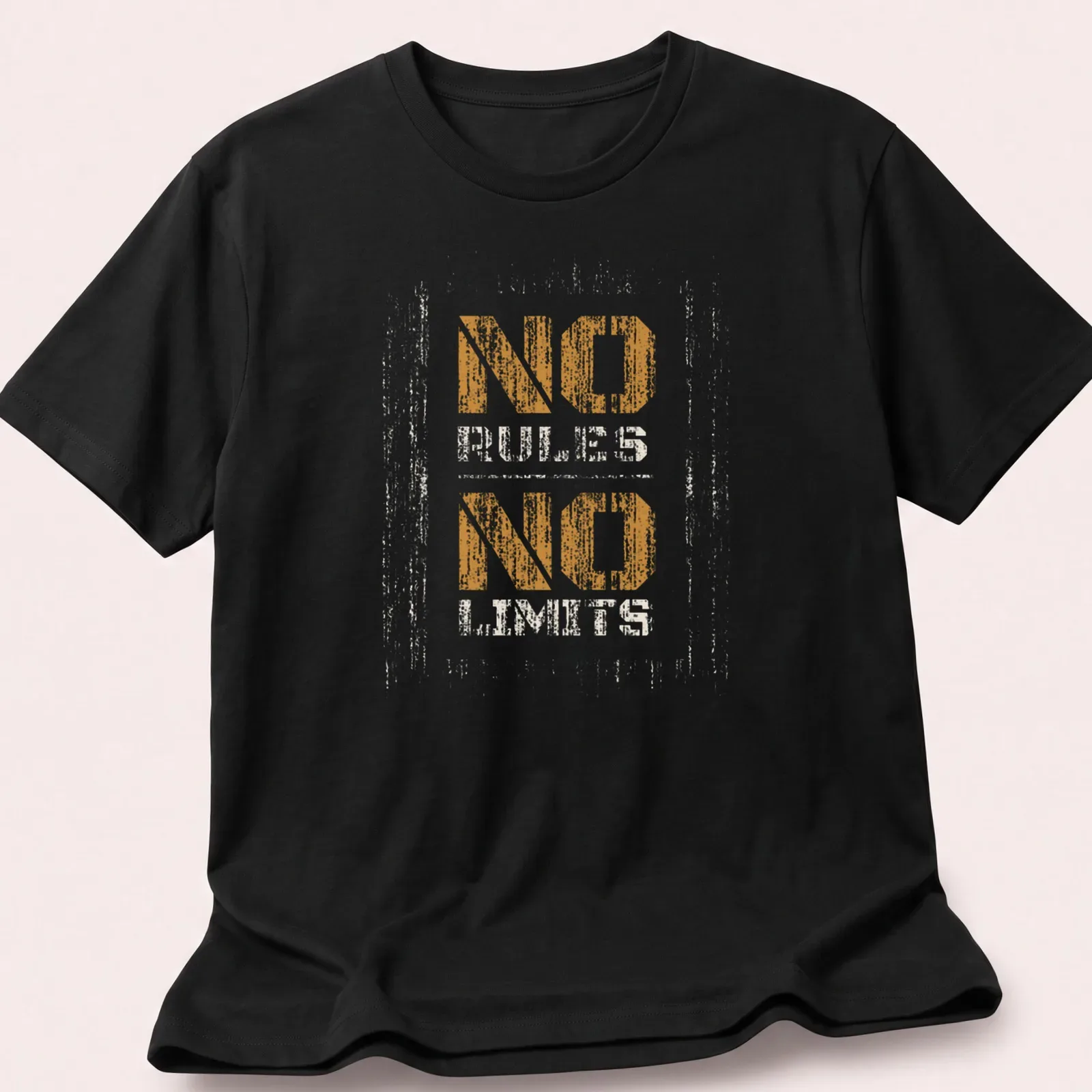 Distressed print featuring the phrase NO RULES NO LIMITS in orange and cream — printed on a unisex t-shirt