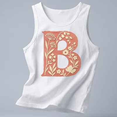 Floral initial B T-shirt design with vintage botanical elements in coral and green — printed on a tank top