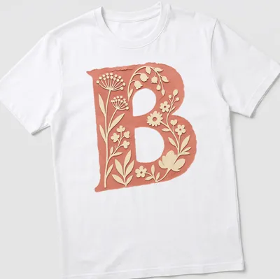 Floral initial B T-shirt design with vintage botanical elements in coral and green