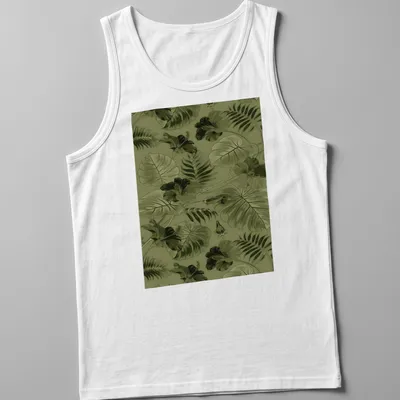 Seamless pattern of green leaves and flowers on a botanical-themed — printed on a tank top