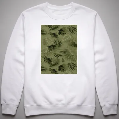 Seamless pattern of green leaves and flowers on a botanical-themed — printed on a unisex sweatshirt