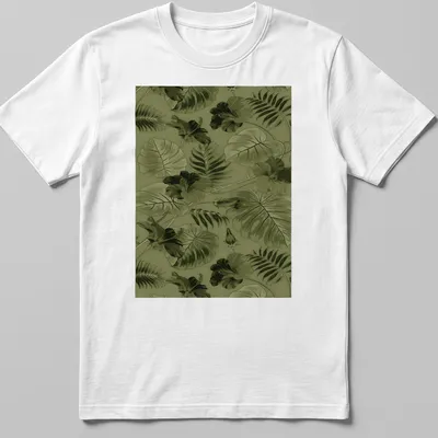 Seamless pattern of green leaves and flowers on a botanical-themed t-shirt