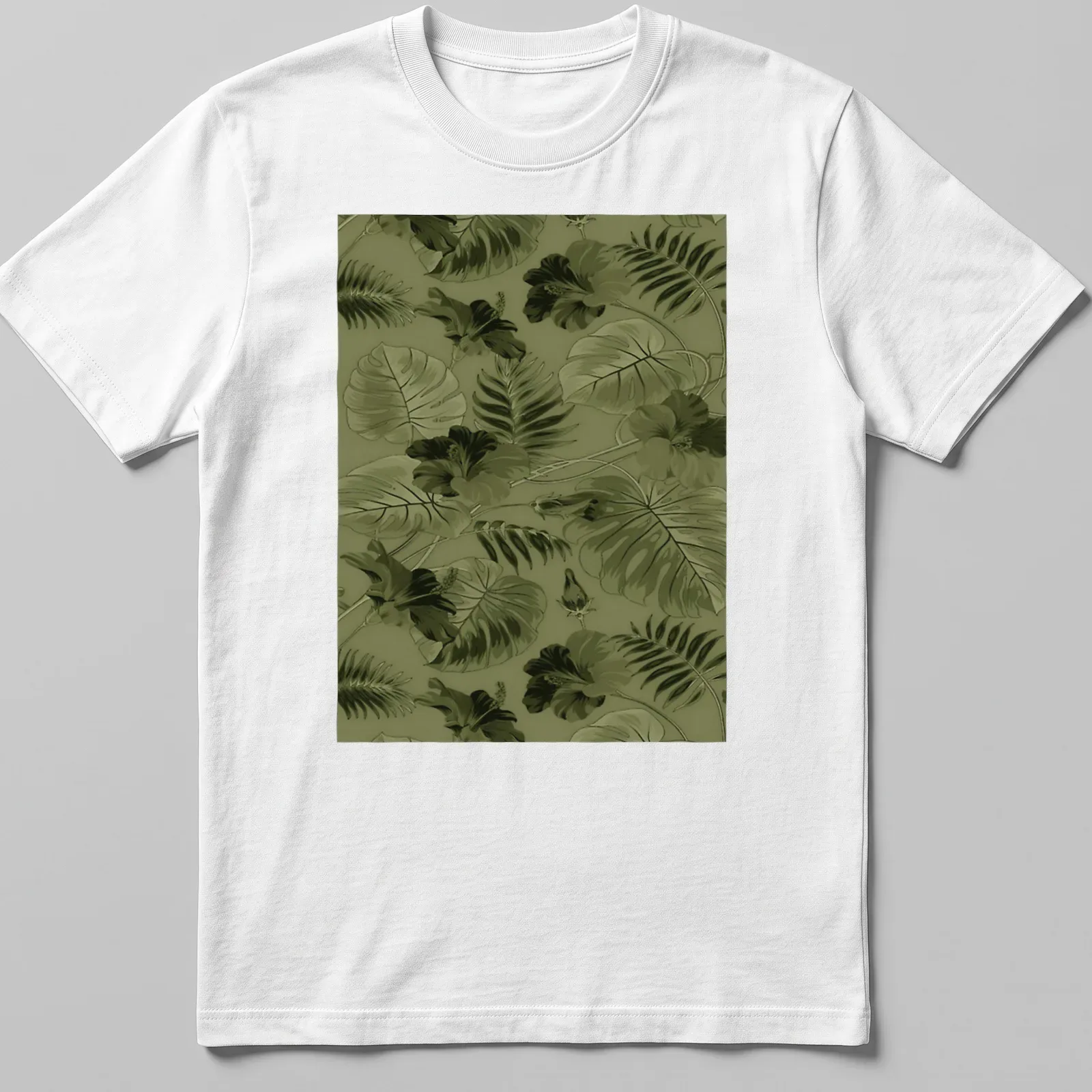 Seamless pattern of green leaves and flowers on a botanical-themed — printed on a unisex t-shirt