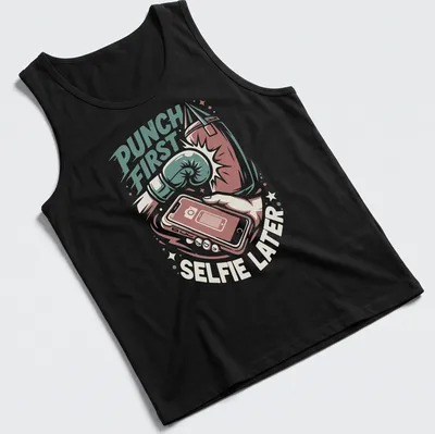 Vintage illustration of boxing gloves with the text Punch First Selfie Later — printed on a tank top