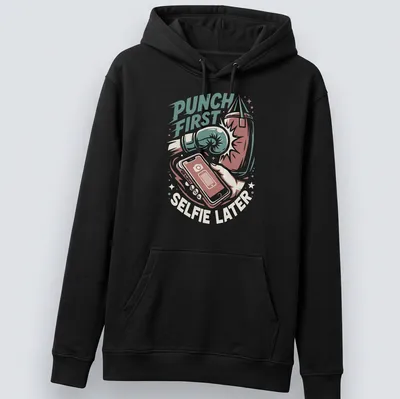 Vintage illustration of boxing gloves with the text Punch First Selfie Later — printed on a unisex hoodie