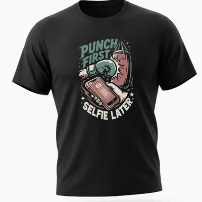Vintage illustration of boxing gloves with the text Punch First Selfie Later