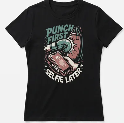 Vintage illustration of boxing gloves with the text Punch First Selfie Later — printed on a women's shirt