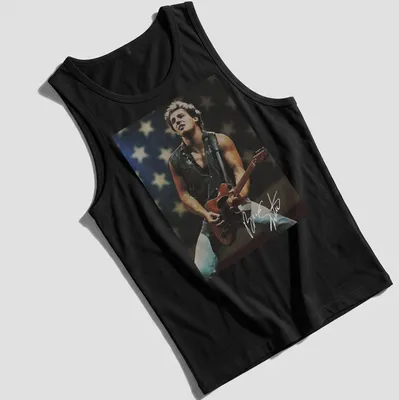 Vintage style t-shirt featuring Bruce Springsteen playing guitar in nostalgia-inspired colors. — printed on a tank top