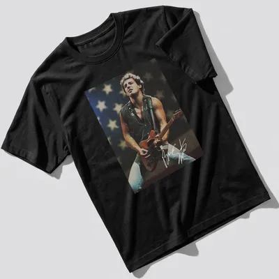Vintage style t-shirt featuring Bruce Springsteen playing guitar in nostalgia-inspired colors.