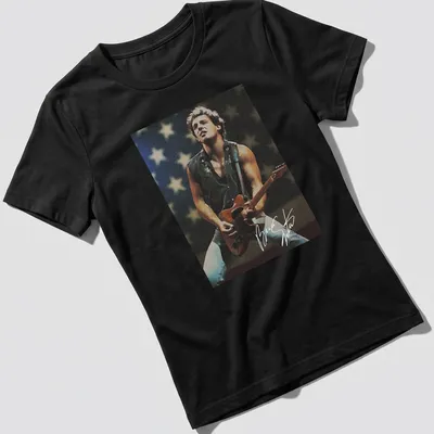 Vintage style t-shirt featuring Bruce Springsteen playing guitar in nostalgia-inspired colors. — printed on a women's shirt