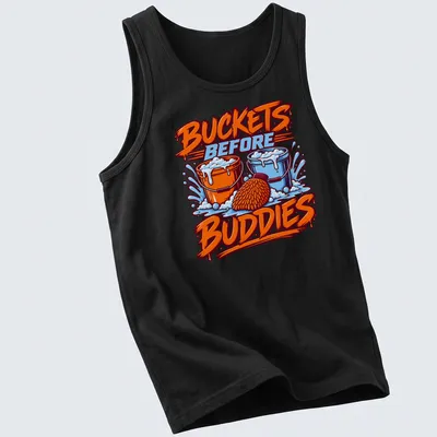 Bold and colorful graphic with buckets and text about washing before playing. — printed on a tank top
