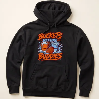 Bold and colorful graphic with buckets and text about washing before playing. — printed on a unisex hoodie