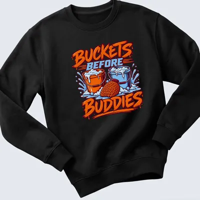 Bold and colorful graphic with buckets and text about washing before playing. — printed on a unisex sweatshirt