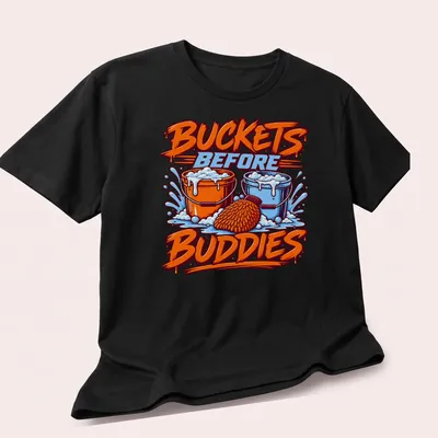 Bold and colorful graphic with buckets and text about washing before playing. — printed on a unisex t-shirt (angled view)