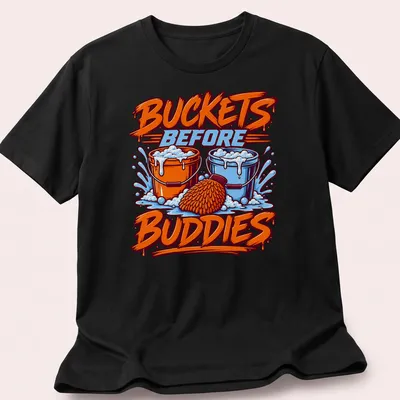 Bold and colorful graphic with buckets and text about washing before playing.