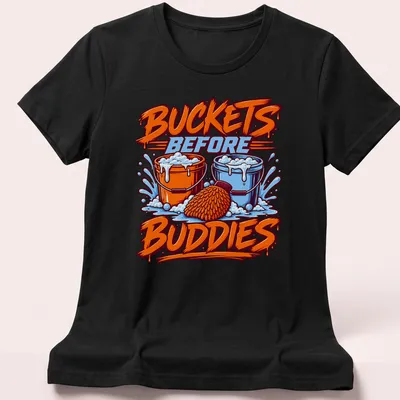 Bold and colorful graphic with buckets and text about washing before playing. — printed on a women's shirt