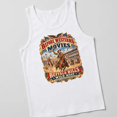 Vintage poster design featuring Buffalo Bill's Wild West text in vibrant colors — printed on a tank top