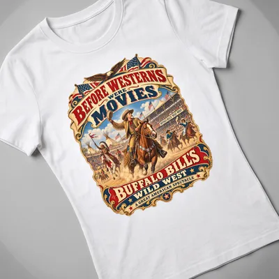 Vintage poster design featuring Buffalo Bill's Wild West text in vibrant colors — printed on a women's shirt
