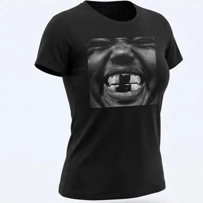 High-contrast monochrome t-shirt featuring the text Bully and an illustration of Kanye West — printed on a women's shirt
