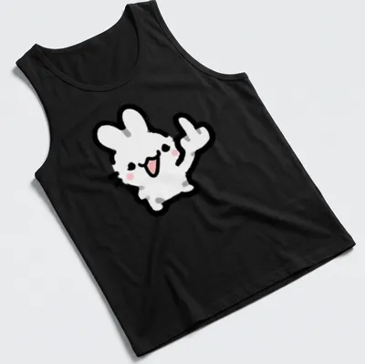 Kawaii line-art of a bunny showing a middle finger in white, black, and pink — printed on a tank top