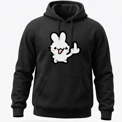 Kawaii line-art of a bunny showing a middle finger in white, black, and pink — printed on a unisex hoodie