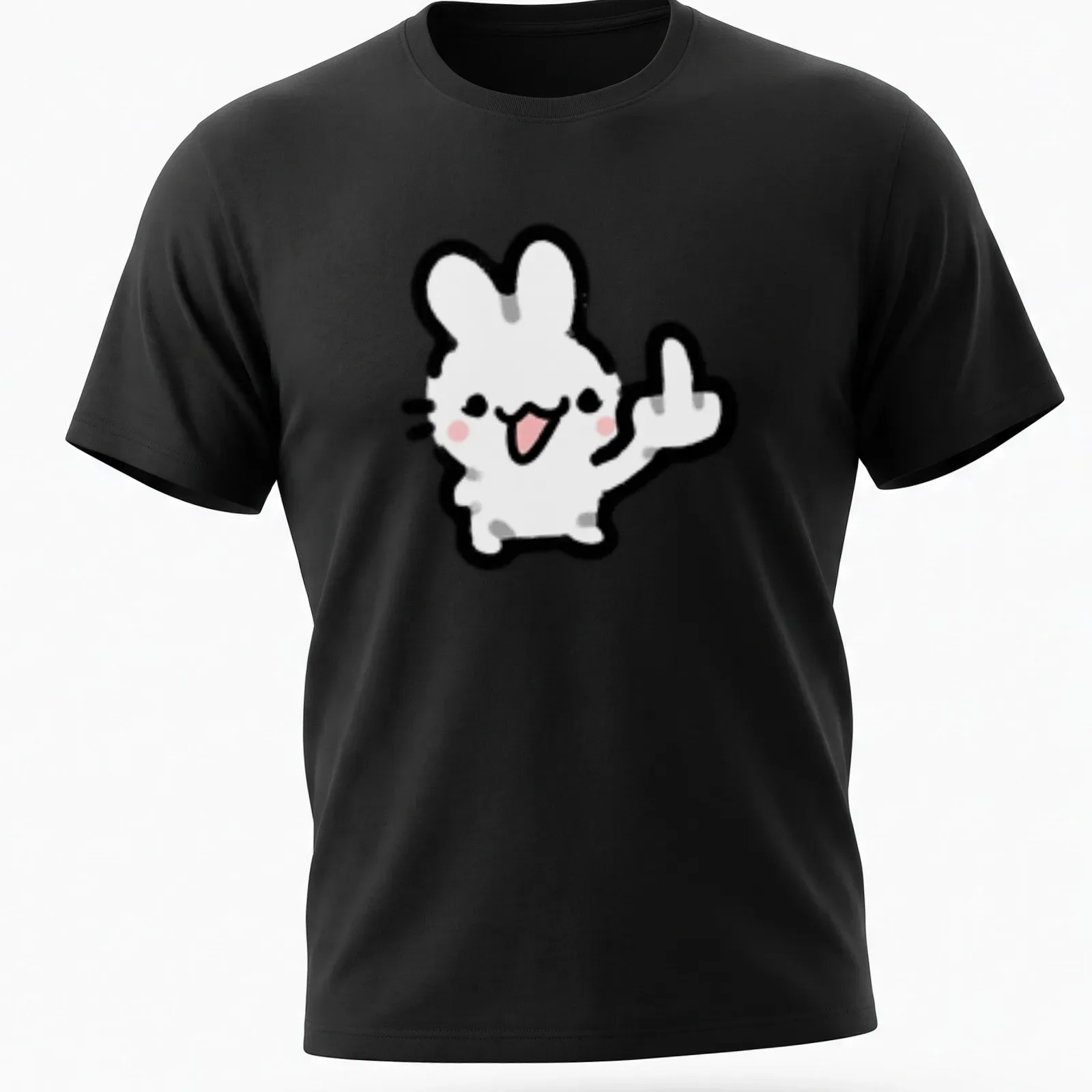 Kawaii line-art of a bunny showing a middle finger in white, black, and pink — printed on a unisex t-shirt