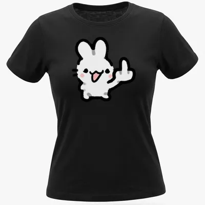Kawaii line-art of a bunny showing a middle finger in white, black, and pink — printed on a women's shirt