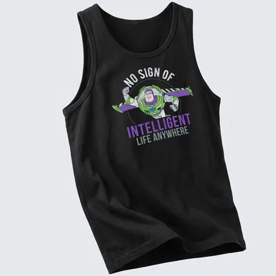 Cartoon Buzz Lightyear with text 'No Sign Of Intelligent Life Anywhere' on a space adventure t-shirt. — printed on a tank top